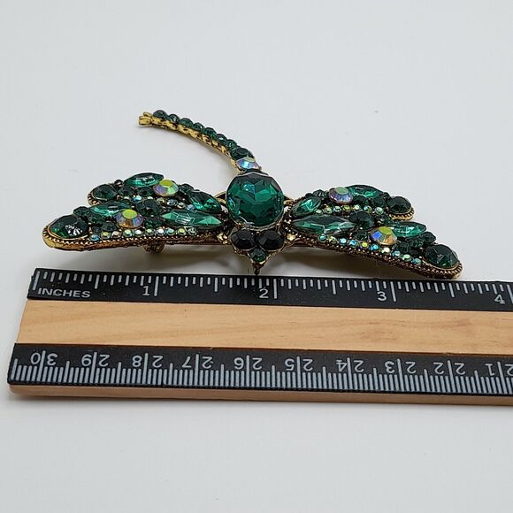 Dragonfly Large Brooch Pin Green Crystal Rhinestone Jewelry - Picture 8 of 13